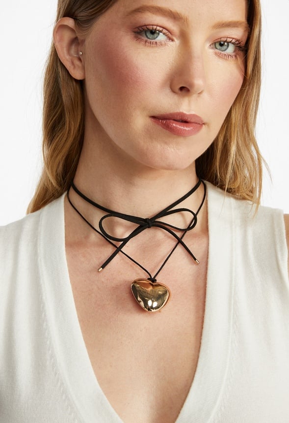 Amie Puff Heart On Faux Suede Wrap Around Choker Gold/ Black