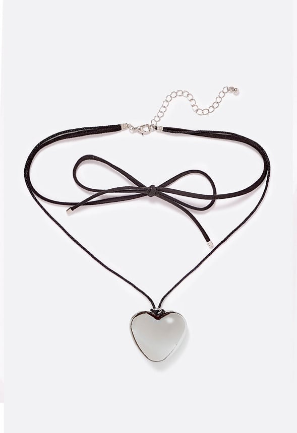 Amie Puff Heart On Faux Suede Wrap Around Choker Silver/ Black