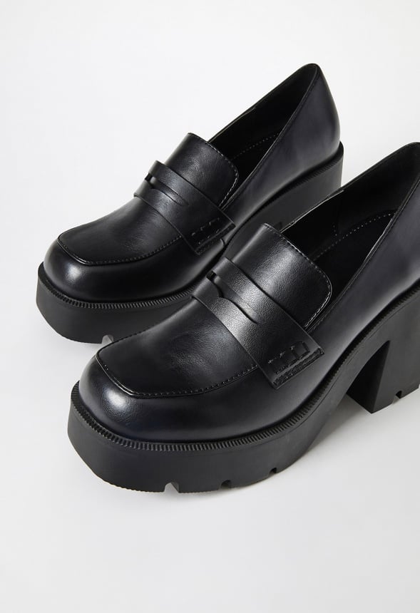 Cher Heeled Lug Sole Loafer Black Caviar