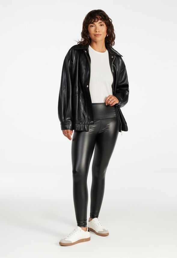 Tummy Tamer Faux Leather Ankle Leggings Black Caviar
