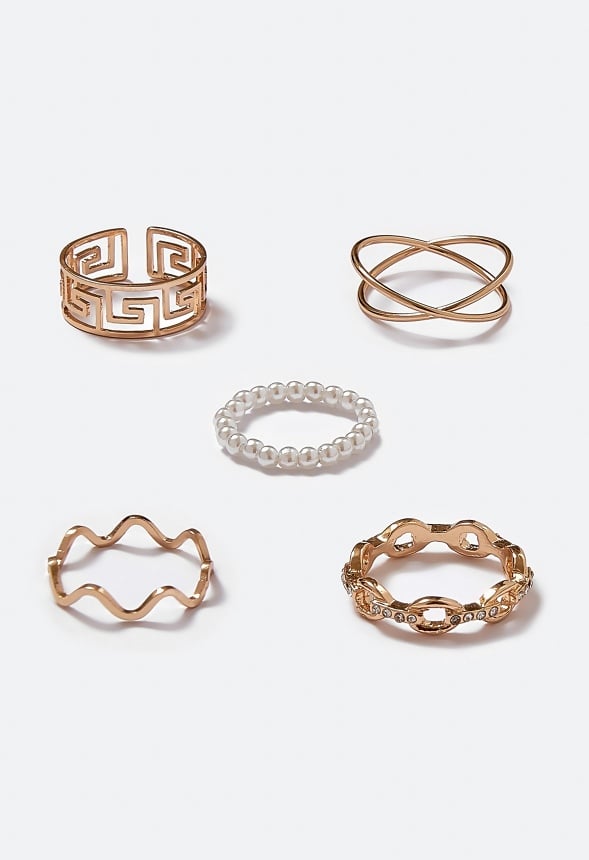 Rene Glass Pearls And Mix Motif Rings Pack Gold