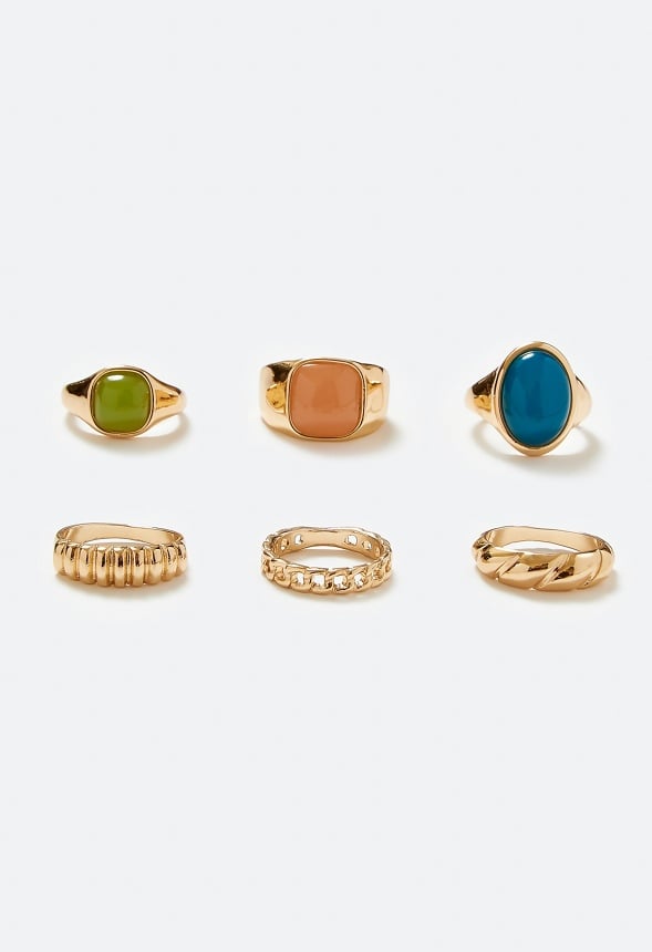 Juno Mix Stones And Metal Rings Pack Pink/ Green/ Gold