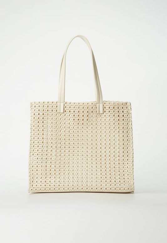 Woven Satchel With Flat Handles Birch White