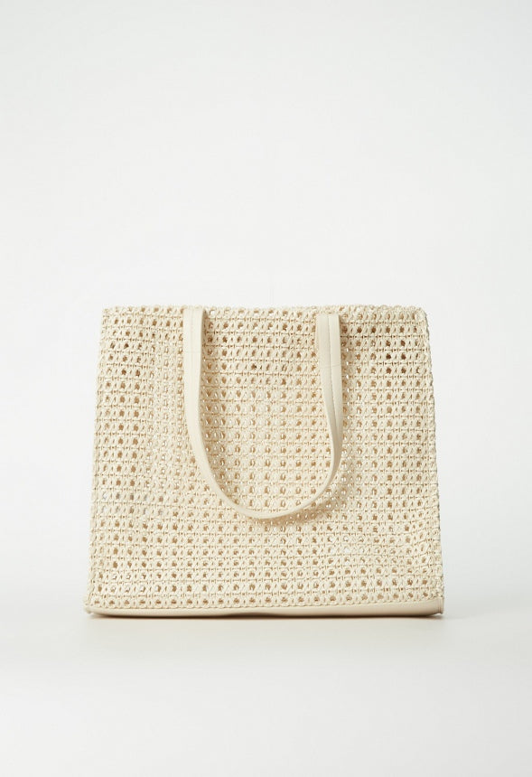 Woven Satchel With Flat Handles Birch White