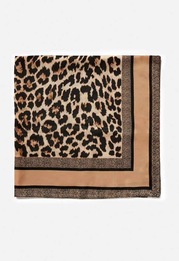 Zuri Animal Print Silk Like Scarf With Tan Border Tan/ Black Mix/ Fabric