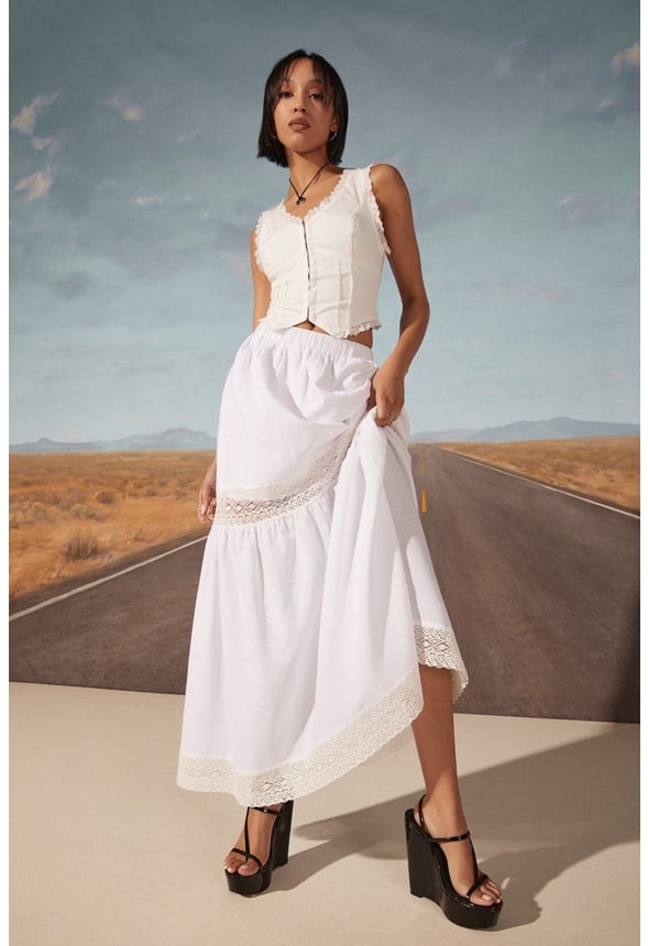 Cotton Voile Tiered Maxi Skirt Bright White