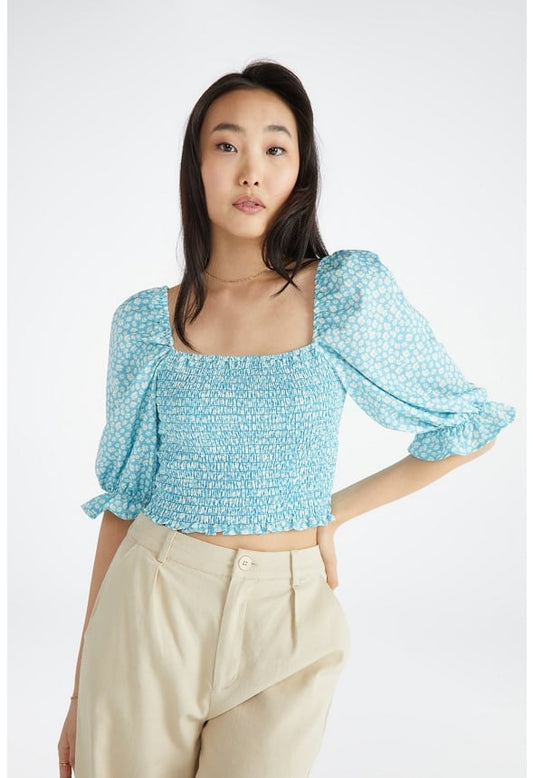 Printed Smocking Top Blue Grotto Multi