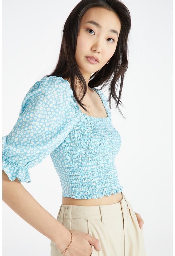 Printed Smocking Top Blue Grotto Multi